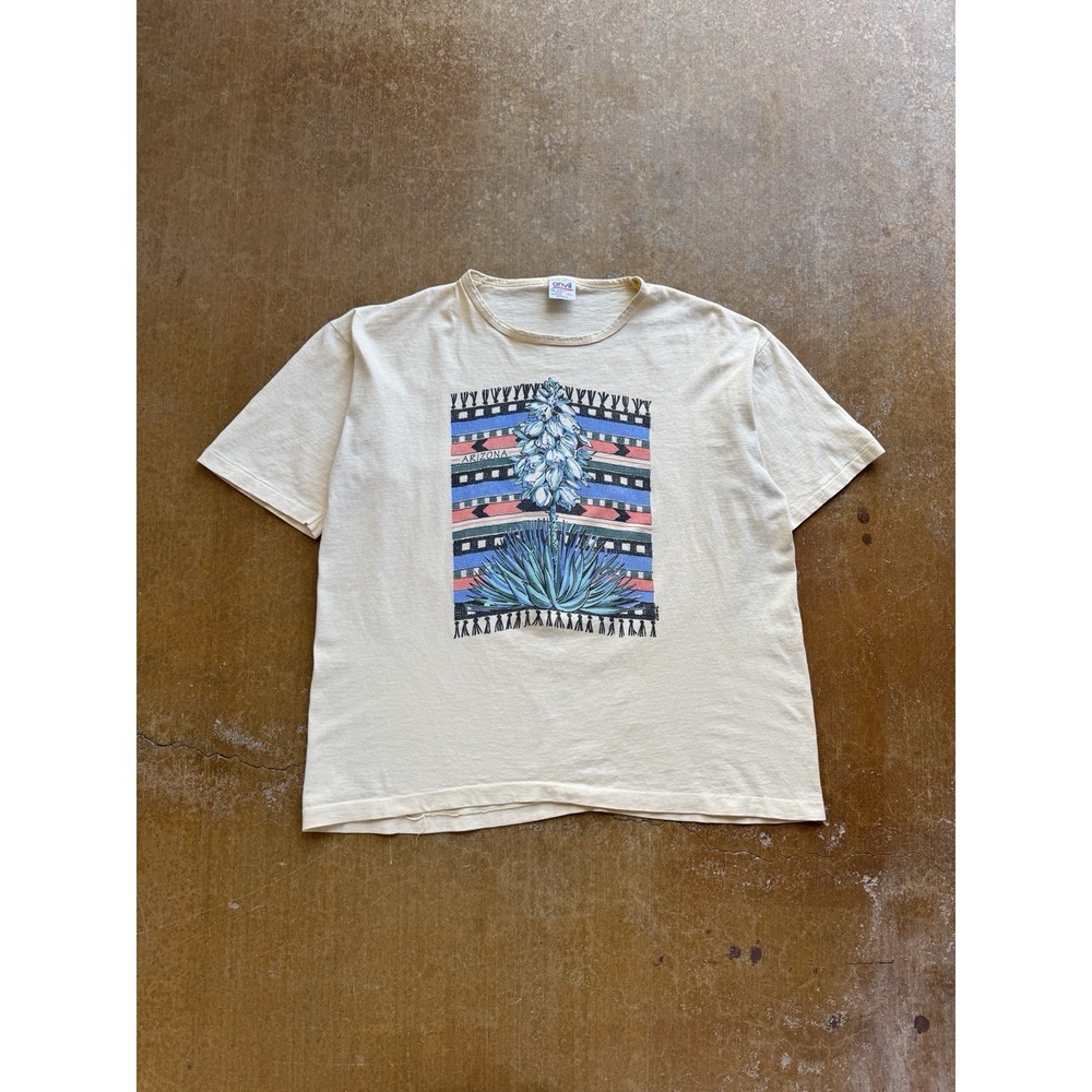 VTG 90s Arizona Agave Flower Desert Nature Art T-Shirt Boat Neck Womens XL Anvil